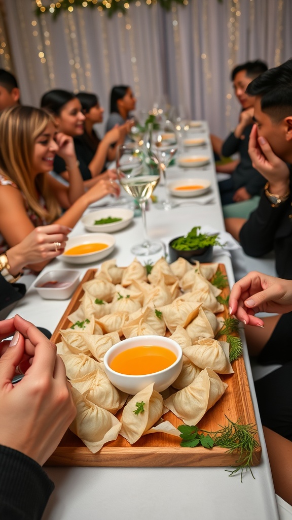 A platter of Crab Rangoon served with dipping sauce, perfect for parties.