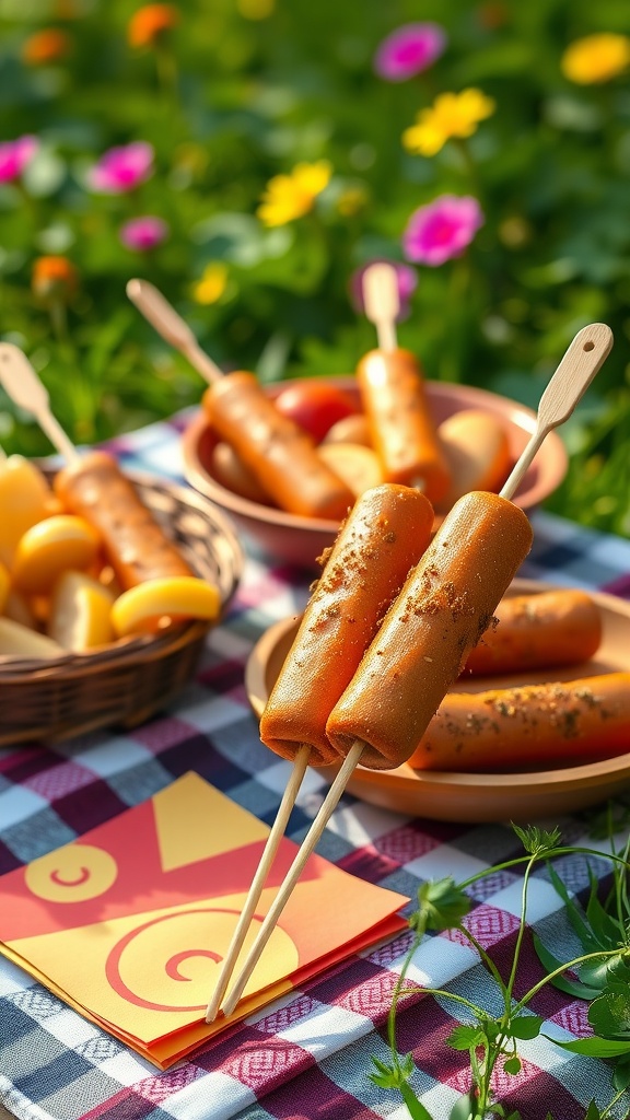 A delightful corn dog served on a wooden stick, accompanied by various dipping sauces and sides.