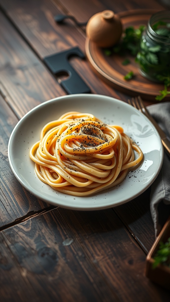 A plate of spaghetti carbonara garnished with black pepper and parsley.