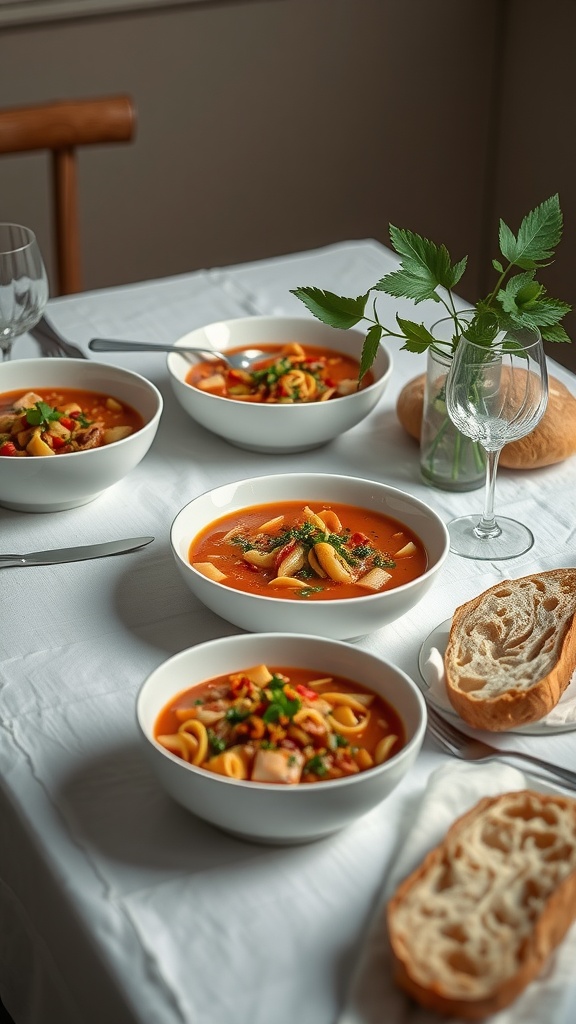 Delicious pasta fagioli served in white bowls with fresh herbs and crusty bread.