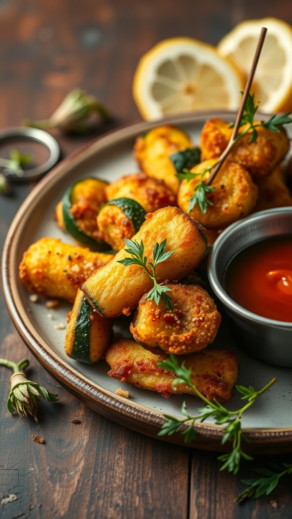 Plate of crispy fried zucchini garnished with herbs and served with a dipping sauce.