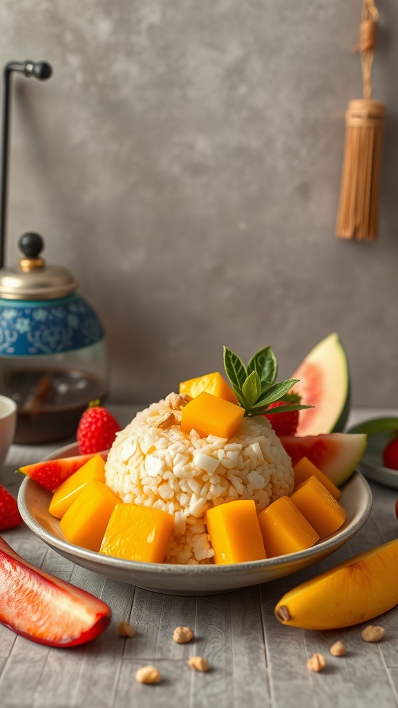 A plate of mango sticky rice topped with fresh mango slices, served with a side of strawberries and other fruits.