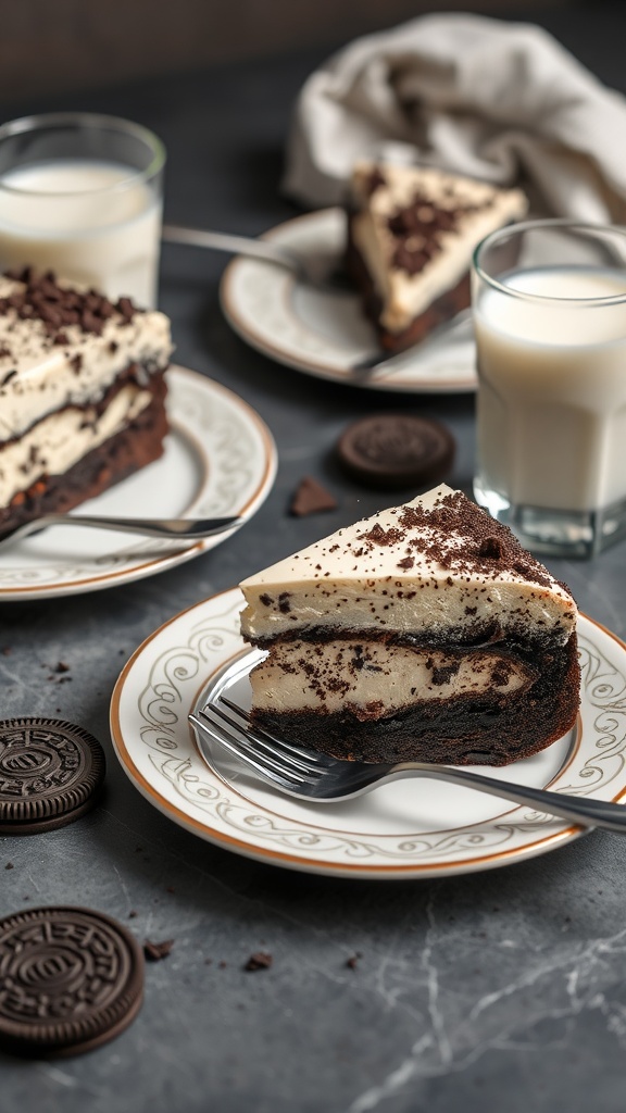 Oreo cake slices on plates with glasses of milk