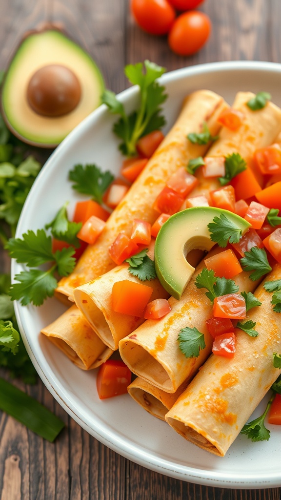 Delicious chicken taquitos served with fresh toppings like avocado, tomatoes, and cilantro.