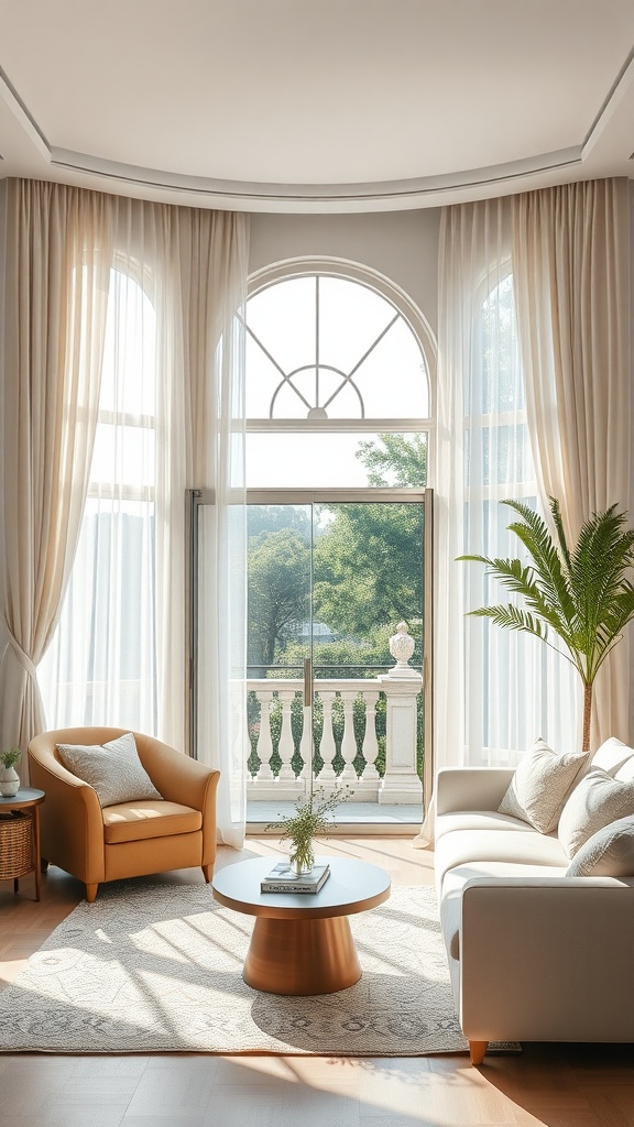 Living room with sheer panels and dramatic tiebacks, featuring a cozy seating area and large windows