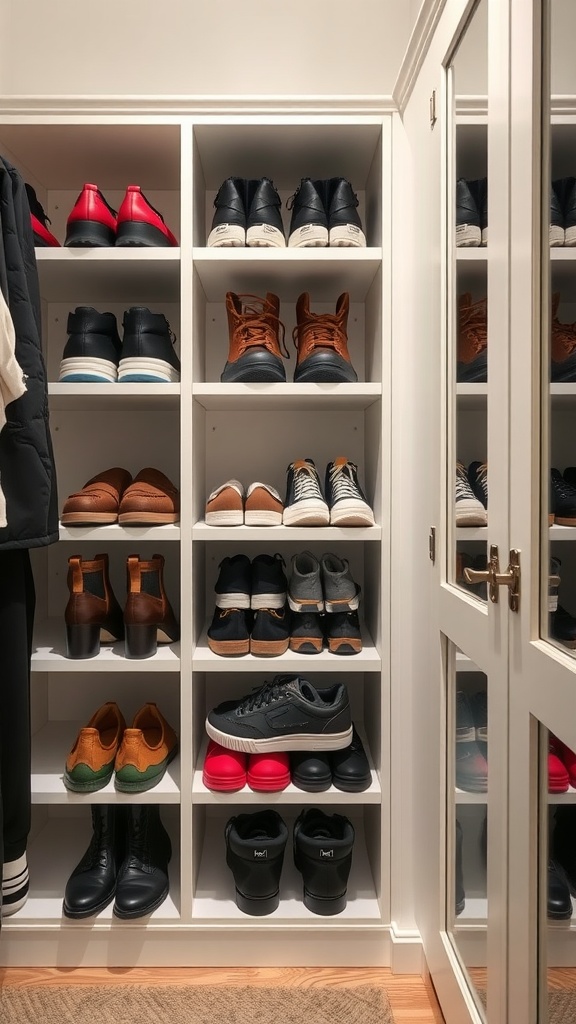 A neatly organized shoe cubby displaying various pairs of shoes on shelves in a closet.