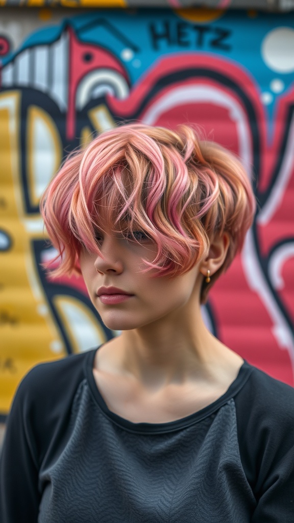 A person with short wavy hair in pink and blonde tones, standing in front of colorful graffiti.