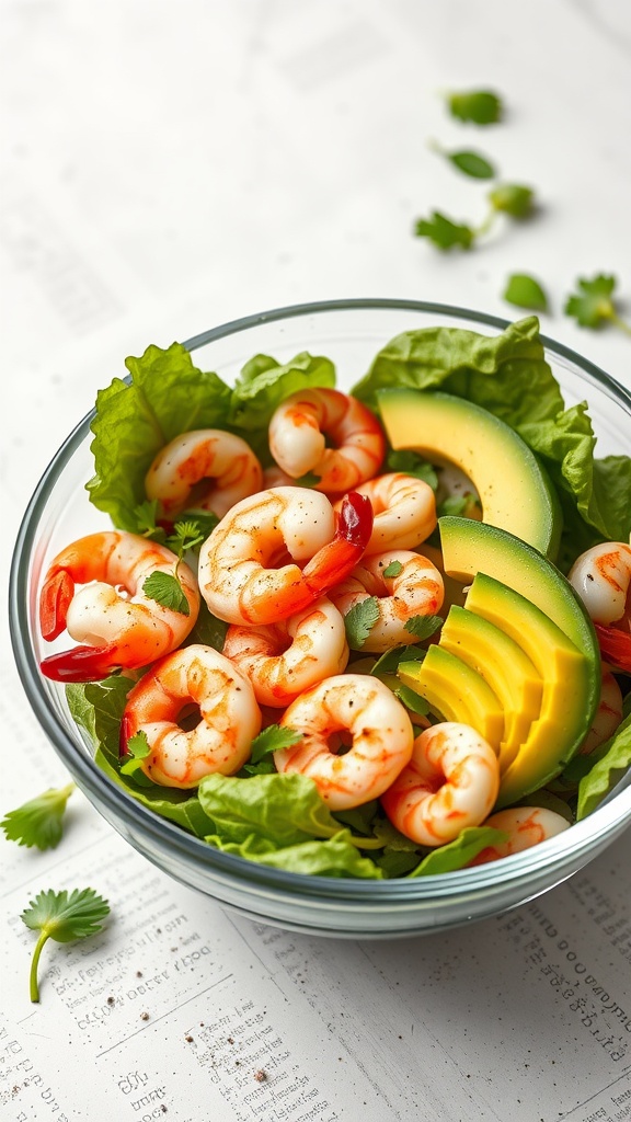 A vibrant shrimp and avocado salad with mixed greens, cherry tomatoes, and cilantro.