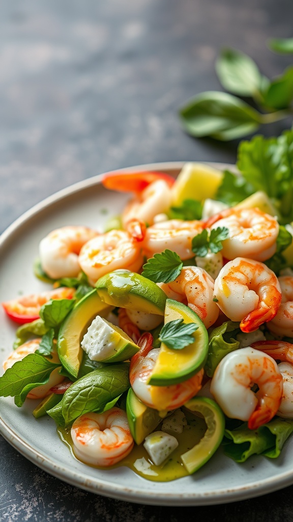 Shrimp and avocado salad served on a plate with greens and vegetables.