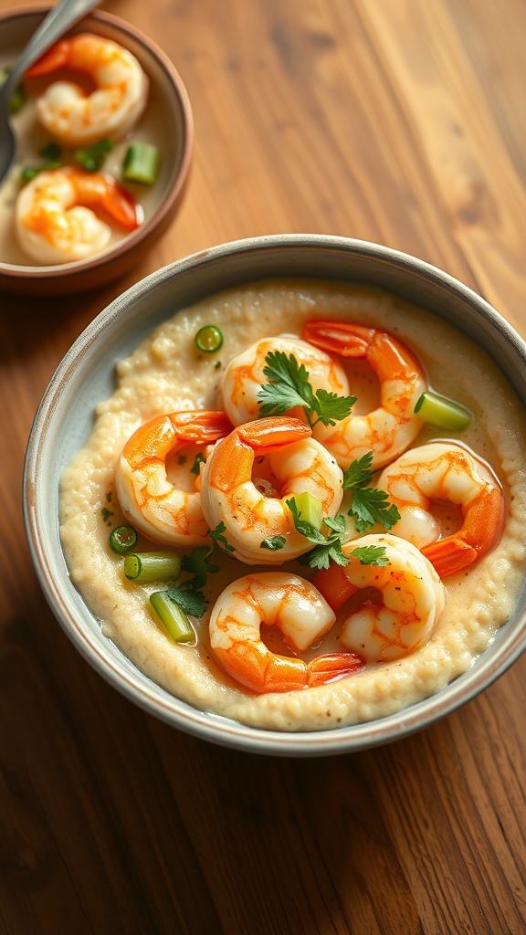A bowl of shrimp and grits, garnished with green onions and herbs.