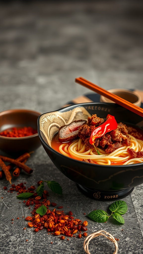 Bowl of Sichuan Pepper Ramen with toppings.