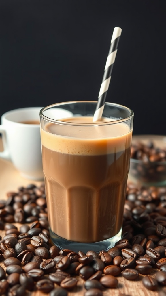 A creamy coffee protein shake in a glass with a straw, surrounded by coffee beans.