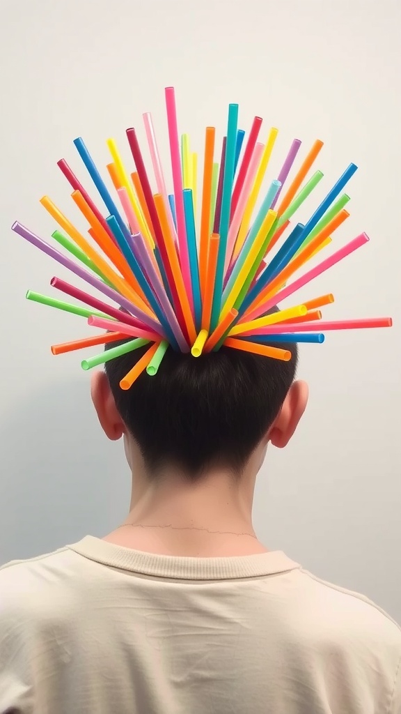 A person with colorful straws styled in their hair, showcasing a fun crazy hair day idea.
