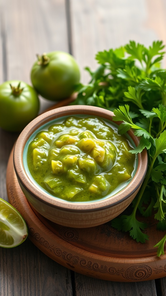 A bowl of fresh salsa verde with tomatillos and cilantro