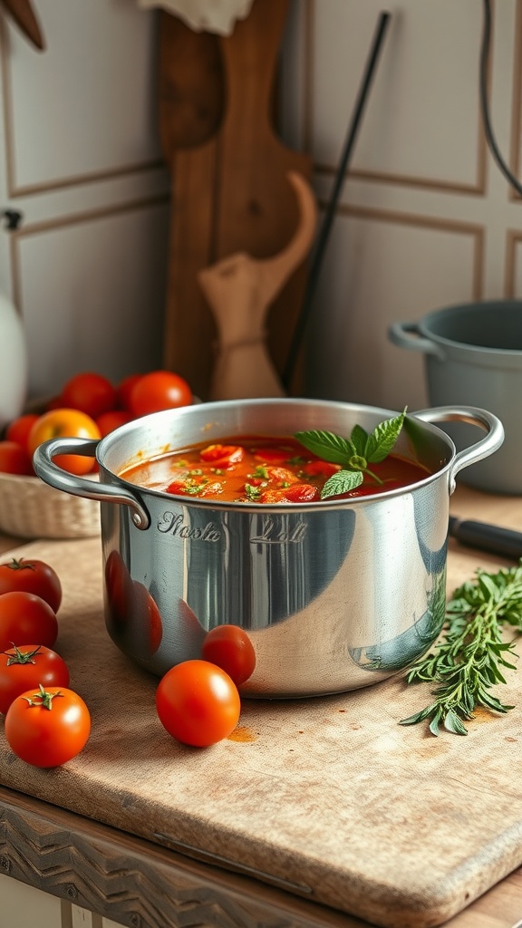 A pot of stewed tomatoes with herbs on a kitchen counter surrounded by fresh tomatoes and herbs.