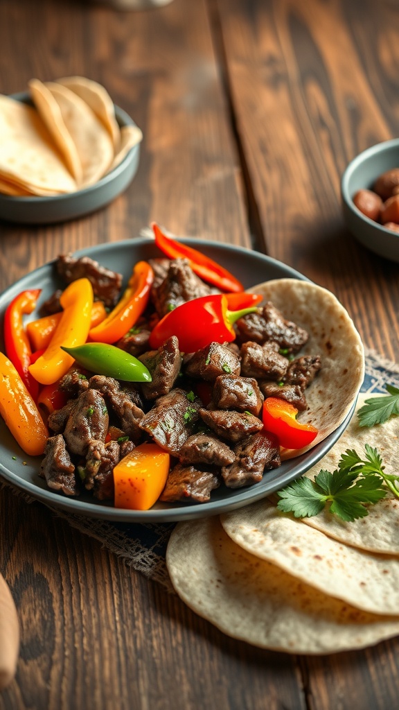 A plate of sizzling steak fajitas with colorful bell peppers and warm tortillas.