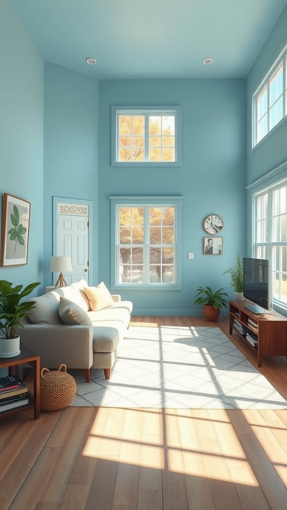 Light blue living room with windows, plants, and a cozy sofa