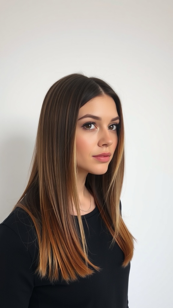 A woman with shoulder-length straight hair styled sleek with a center part, showcasing a modern and elegant look.