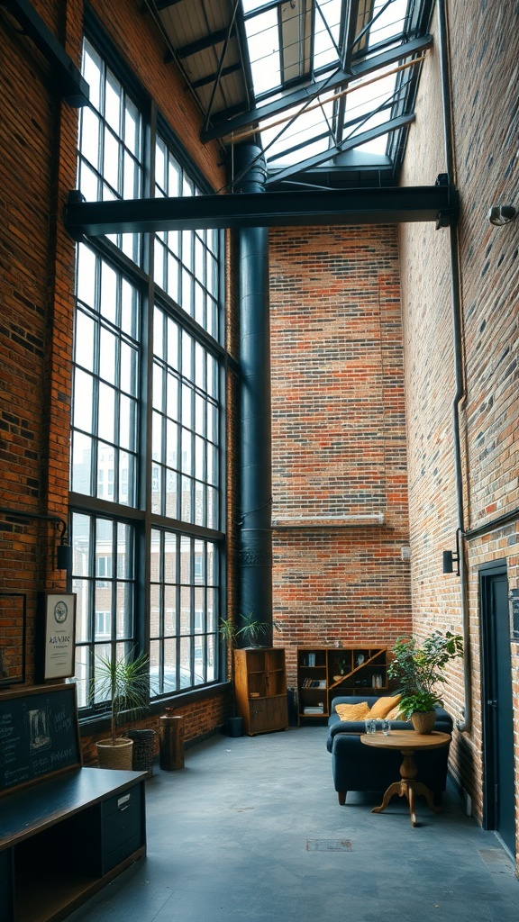 A sleek industrial loft with large windows, exposed brick walls, and a cozy seating area.