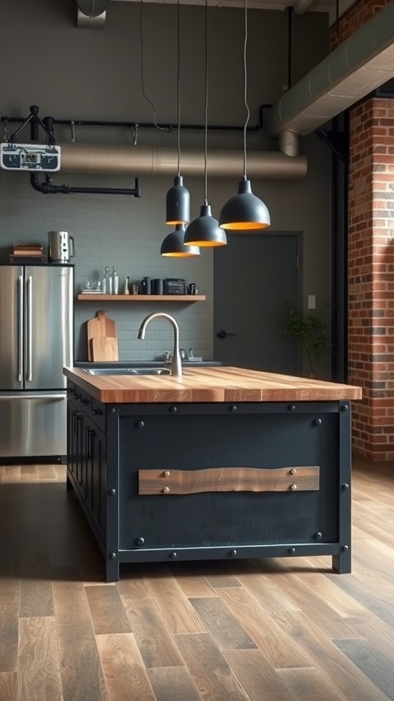 A modern industrial kitchen island with a wooden top and dark metal base, featuring stylish pendant lights.