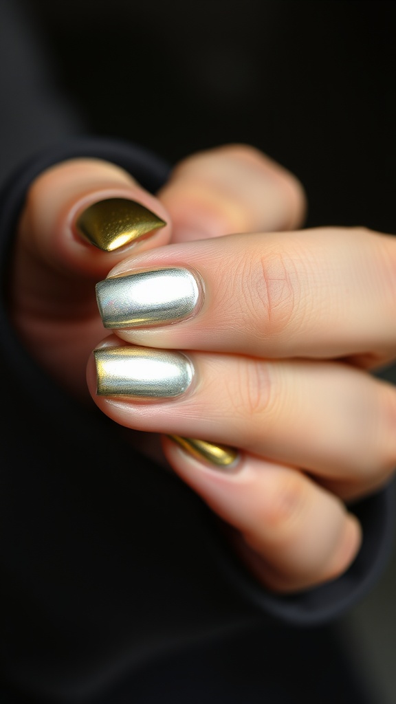Close-up of hands showing short metallic nails in gold and silver.
