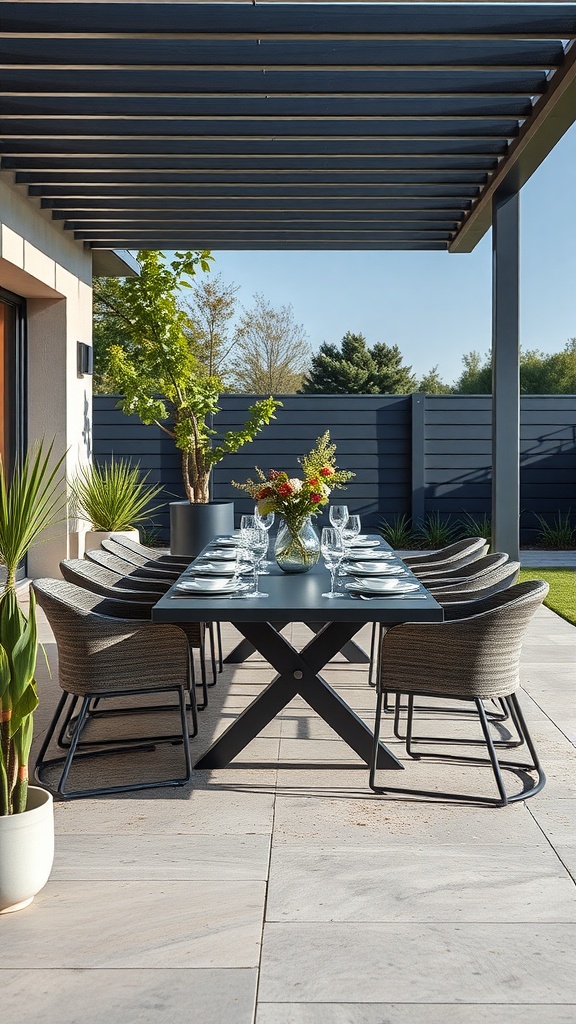 A modern outdoor dining set with a large table and stylish chairs, arranged for a meal, surrounded by plants.