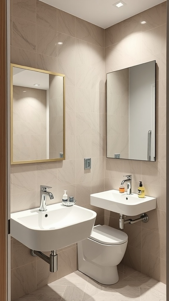 A modern half bathroom featuring sleek fixtures, minimalist design, and stylish mirrors.