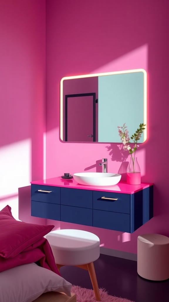 A modern vanity with bold pink walls and blue cabinetry.
