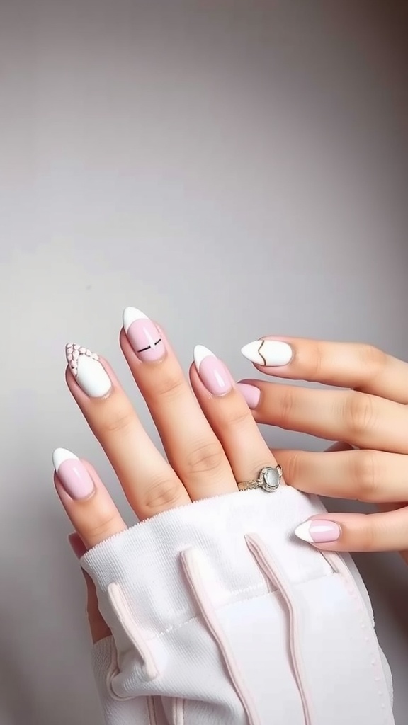Close-up of hands with pink and white nail designs in different sleek shapes.