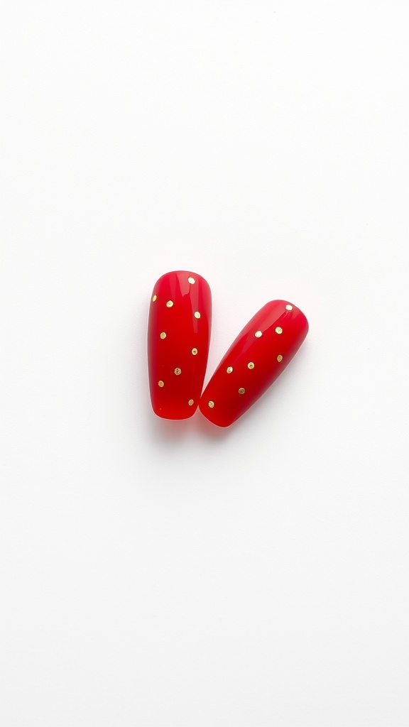Two red nails with gold dots on a white background