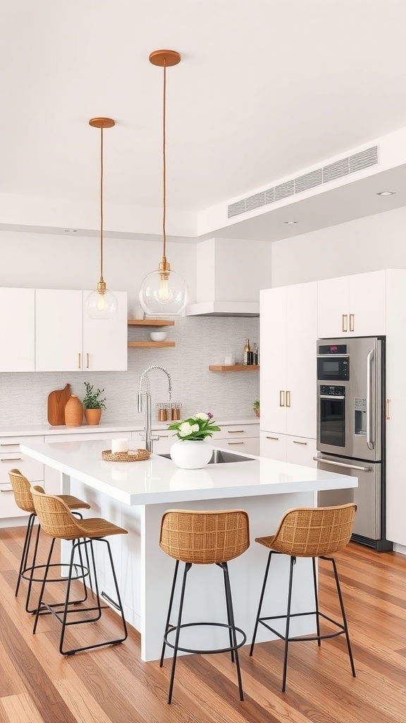 A modern white kitchen featuring a sleek island with bar stools and stylish pendant lights.