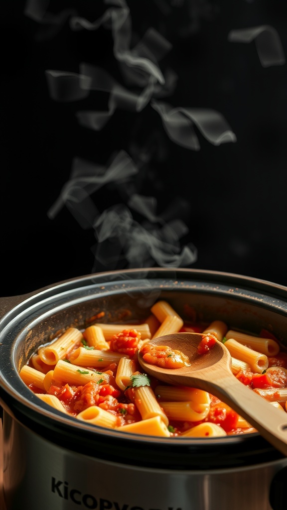 A pot of pasta fagioli simmering with steam rising, showcasing pasta and beans in rich tomato broth.