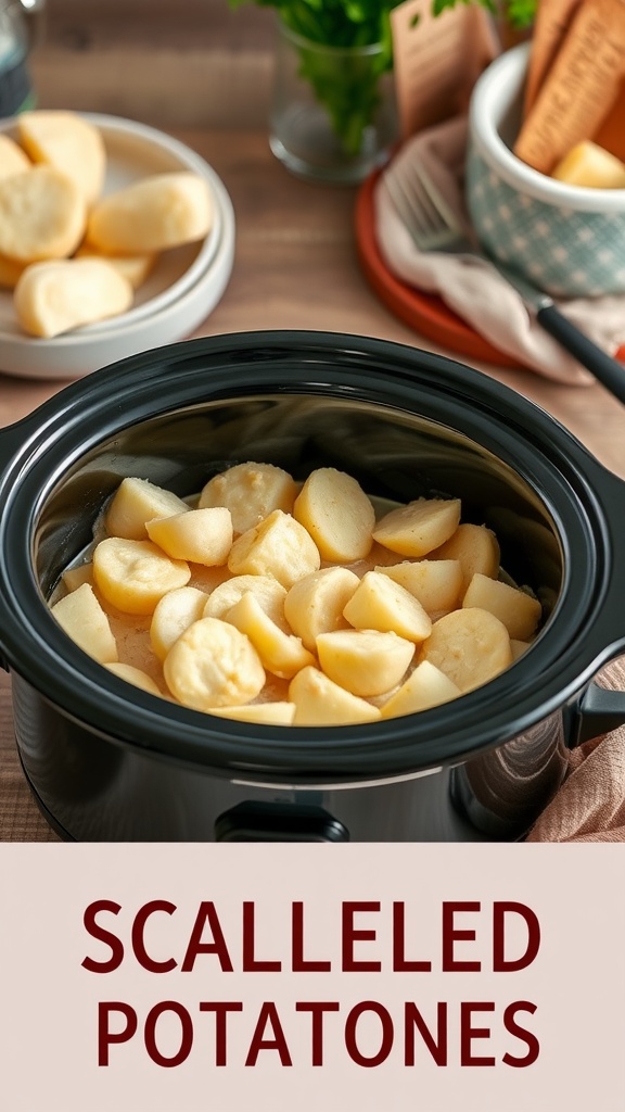 A slow cooker filled with sliced potatoes layered with cheese, ready to be cooked.