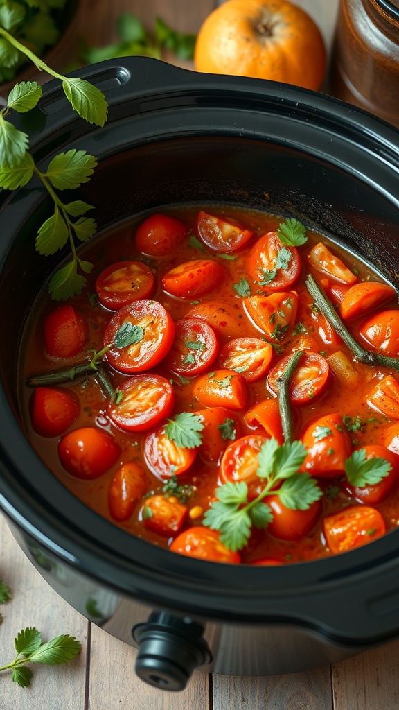 A slow cooker filled with simmering stewed tomatoes and herbs