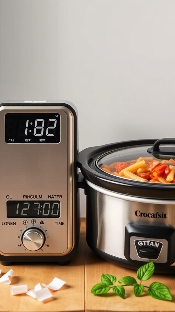 A slow cooker with pasta fagioli cooking inside, showcasing the ingredients and timer.