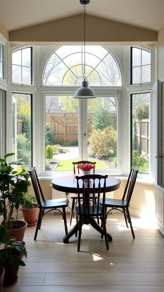 A small dining area in a sunroom with a round table and garden views through large windows.