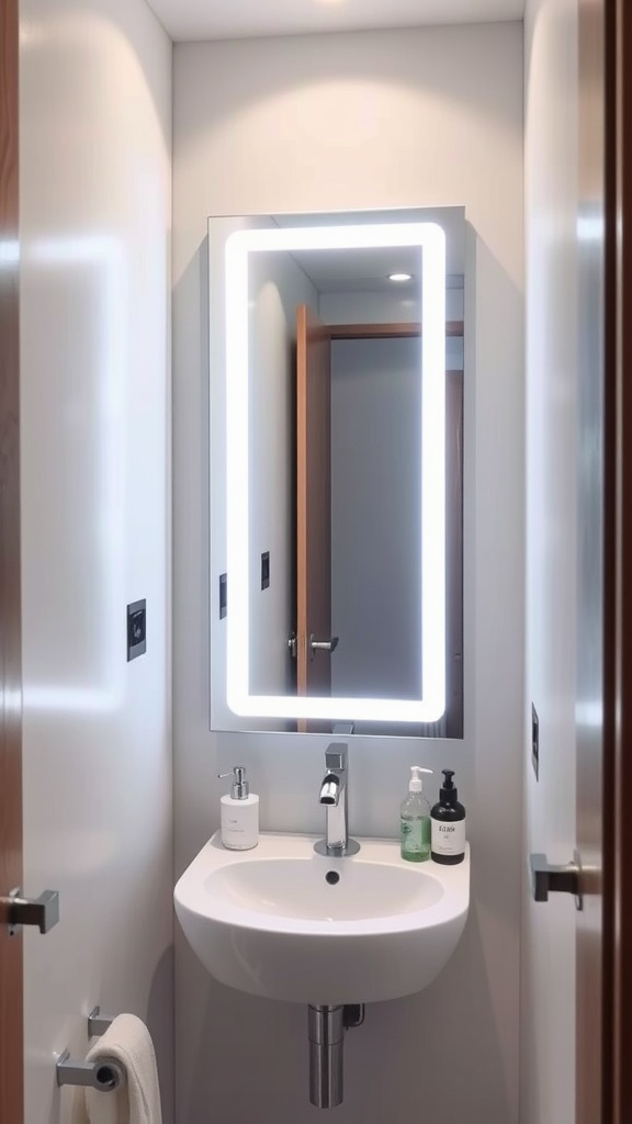 A small bathroom featuring a modern smart mirror with illuminated edges above a sleek sink.