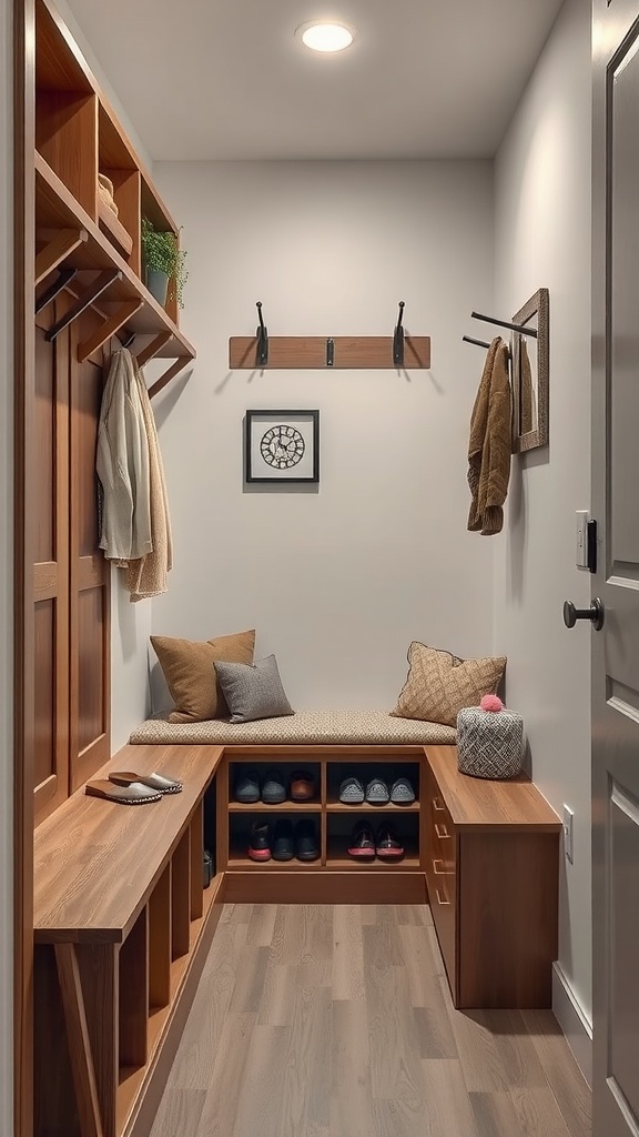 A small hallway with wooden storage solutions including benches, shoe racks, and wall hooks.