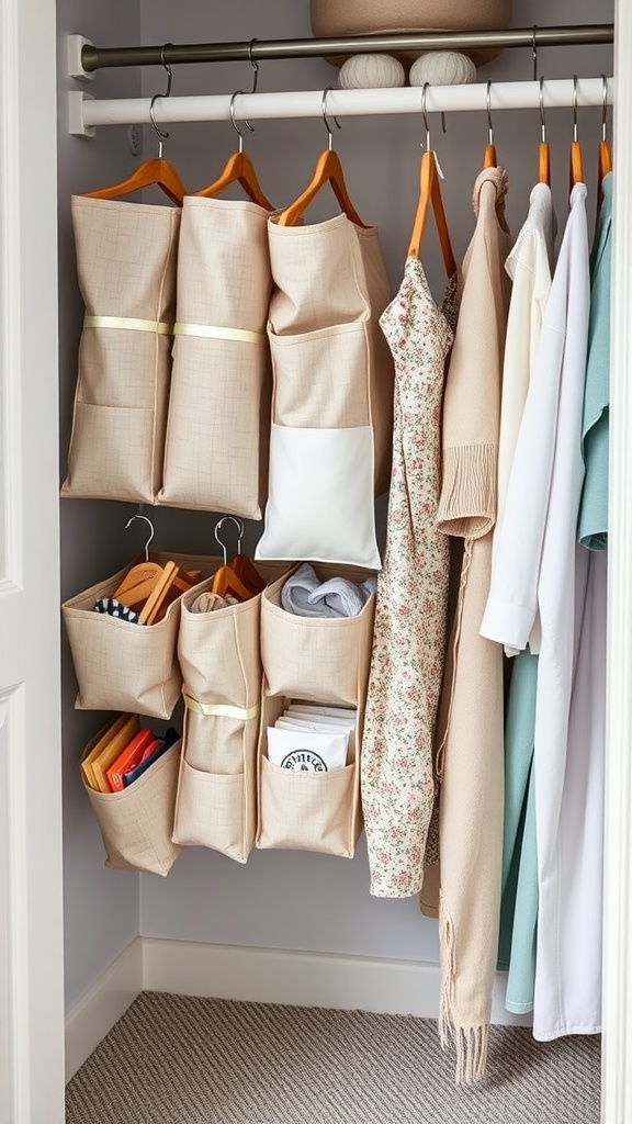Closet with fabric organizers and hanging clothes
