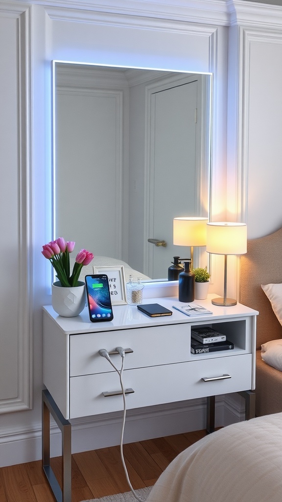 A modern vanity with a mirror, charging phone, and decorative elements.