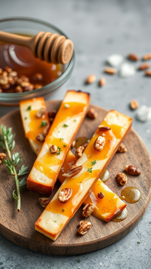 Smoked cheese sticks topped with honey and nuts on a wooden platter.