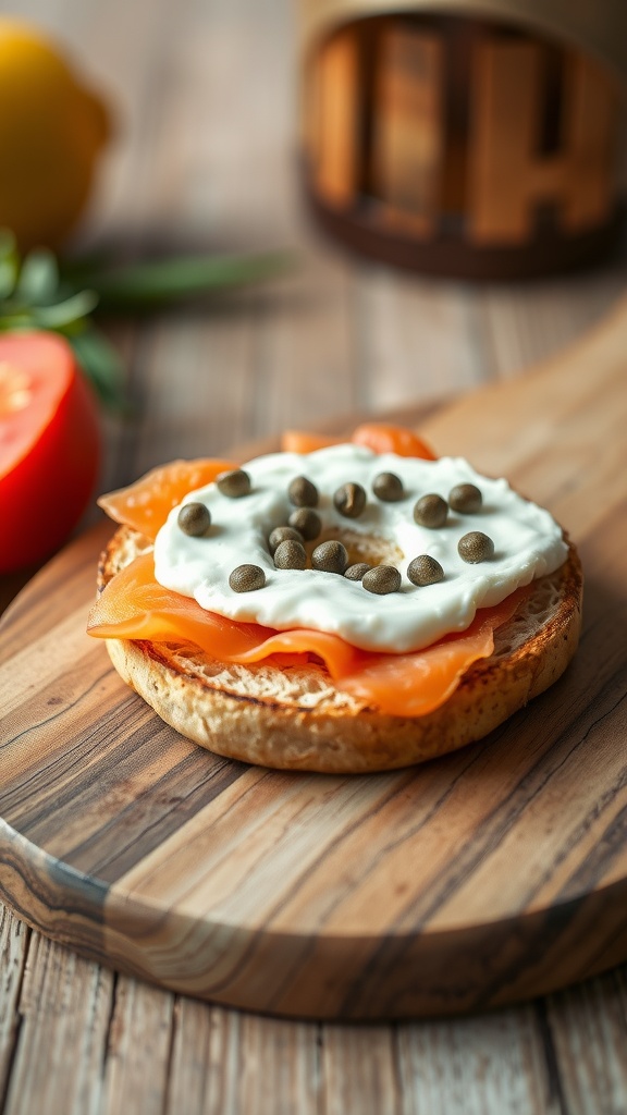 A smoked salmon and cream cheese bagel topped with capers on a wooden board.