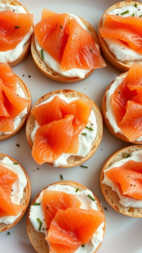 Smoked salmon and cream cheese bagels arranged on a platter