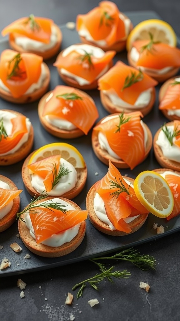 Canapés topped with smoked salmon, cream cheese, and lemon slices