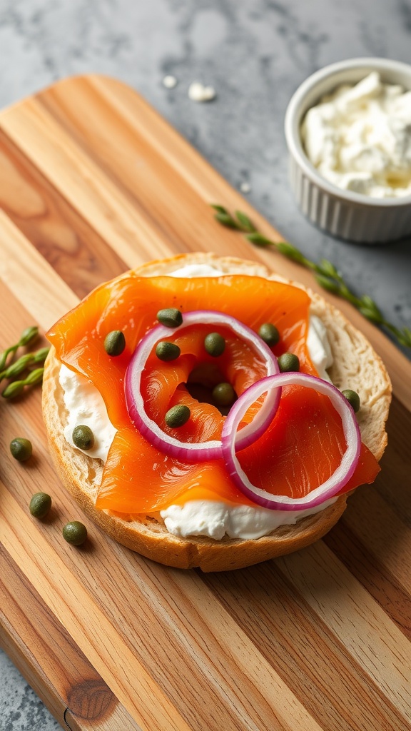 A delicious smoked salmon bagel topped with cream cheese, capers, and red onion slices.