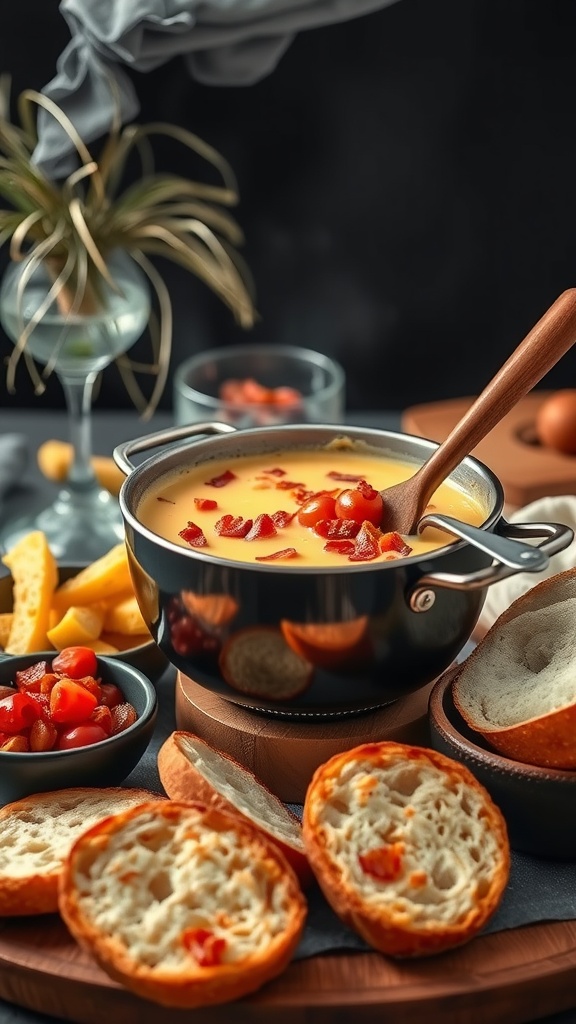 A pot of smoky bacon and cheese fondue surrounded by bread and vegetables.