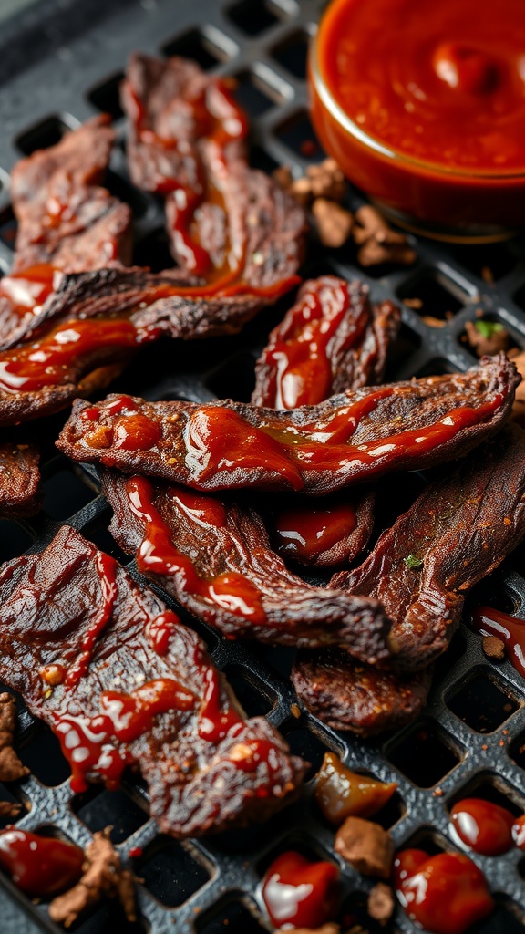 Homemade smoky BBQ beef jerky on a grill rack with sauce