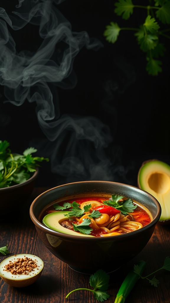 A steaming bowl of Smoky Chipotle Ramen garnished with avocado and cilantro