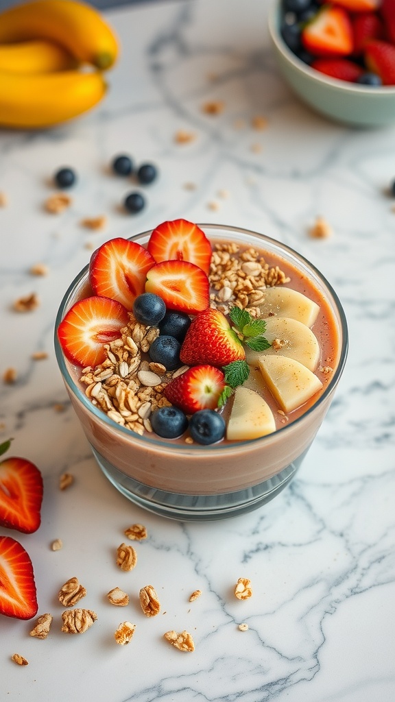 Smoothie bowl topped with granola, fresh strawberries, blueberries, and banana slices