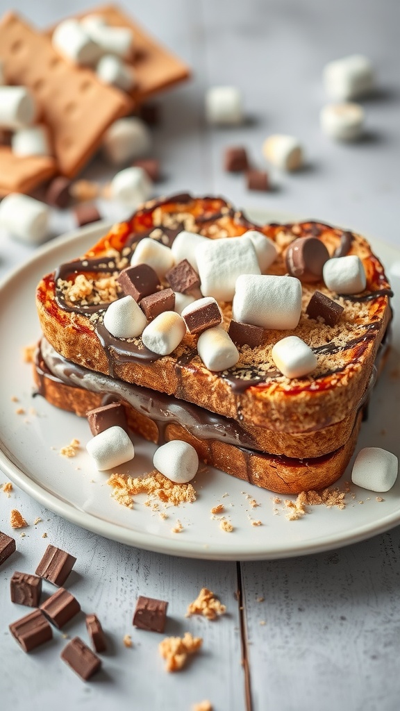 Delicious S'mores French Toast with chocolate, marshmallows, and graham cracker crumbs.